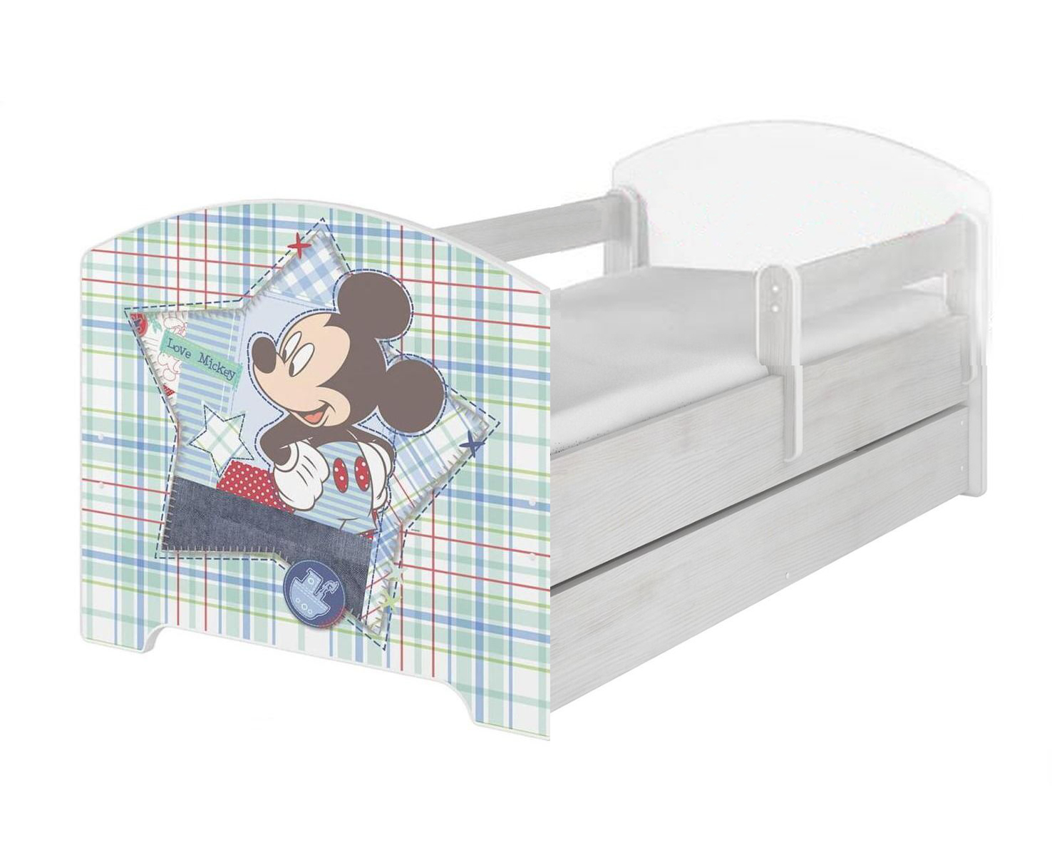 Disney Mickey egeres Ágy 140 X 70 leesésgátlós AJÁNDÉK MATRACCAL, ágyneműtartóval