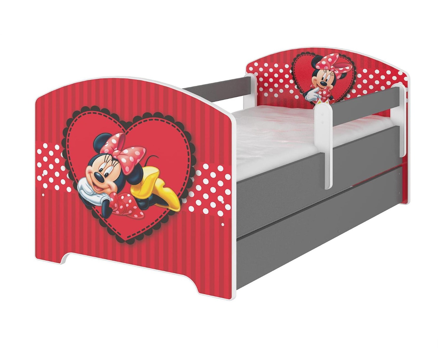Disney Minnie egeres piros Ágy 140 X 70 leesésgátlós AJÁNDÉK MATRACCAL, ágyneműtartóval