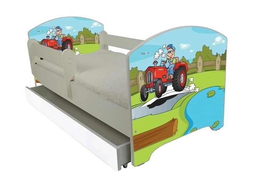 Traktoros Ágy 140 X 70 leesésgátlós AJÁNDÉK MATRACCAL, ágyneműtartóval